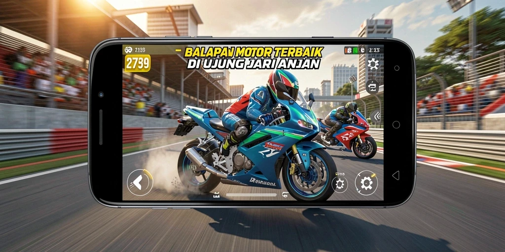 Tampilan gameplay mendebarkan saat balapan motor di lintasan yang menantang.