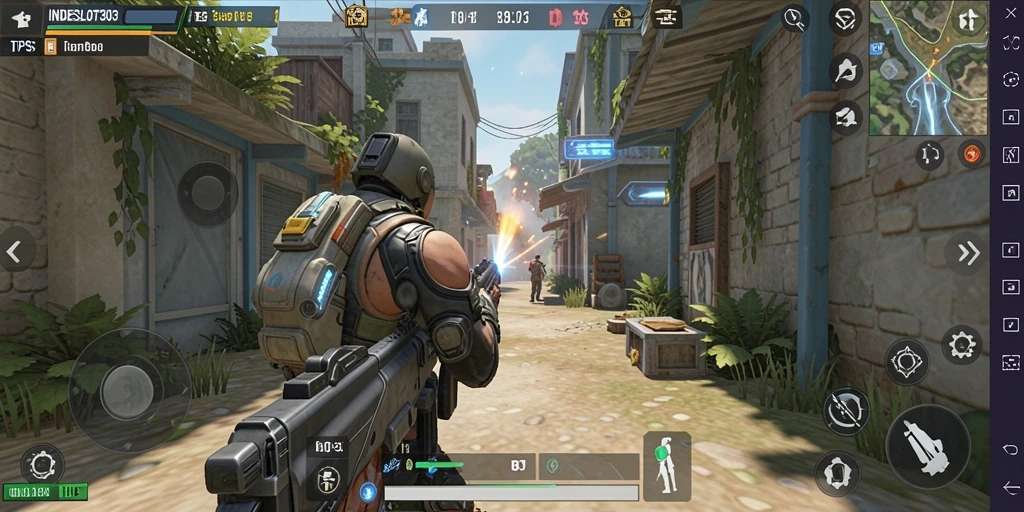 Screenshot utama INDESLOT303 menampilkan aksi intens dalam gameplay TPS.