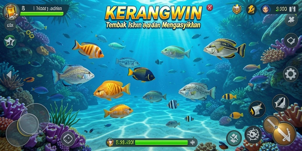 Tangkapan layar gameplay KERANGWIN yang menarik dengan aksi tembak ikan.