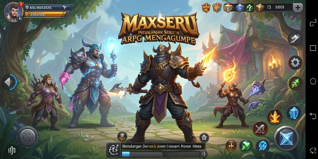 Screenshot gameplay MAXSERU menampilkan aksi pertempuran seru di dunia fantasi.