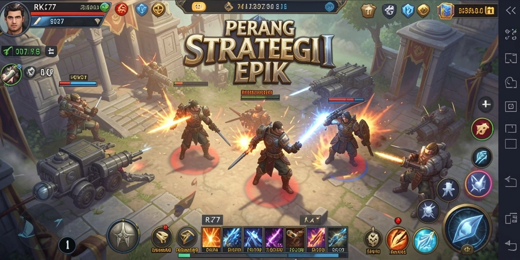 Screenshot gameplay RK77 menampilkan pertempuran strategis yang intens.