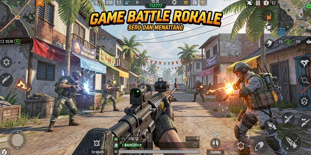 Screenshot gameplay TYA777 menampilkan aksi pertempuran seru di arena Battle Royale.